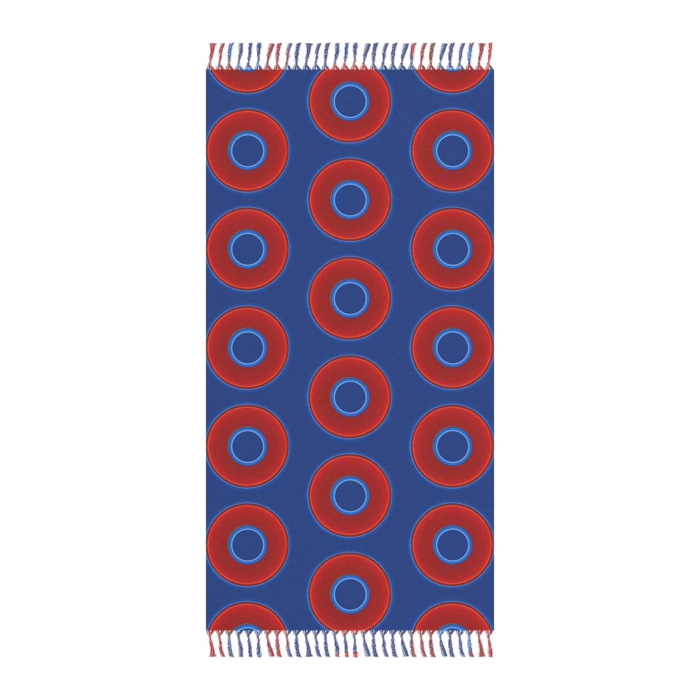 Oversized Lumpy Beach Towel - vivid red donuts w/dark blue background