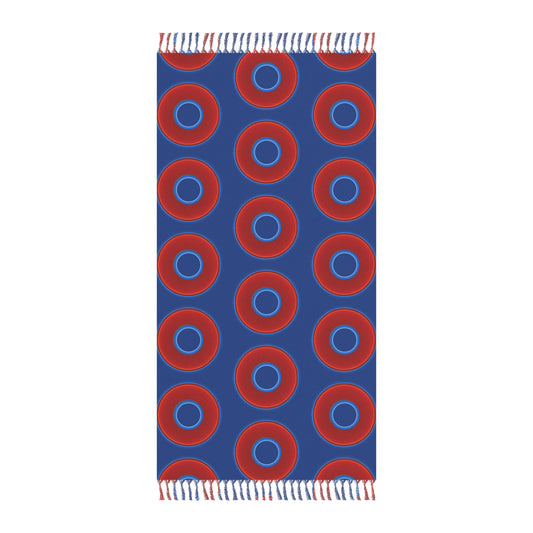 Oversized Lumpy Beach Towel - vivid red donuts w/dark blue background