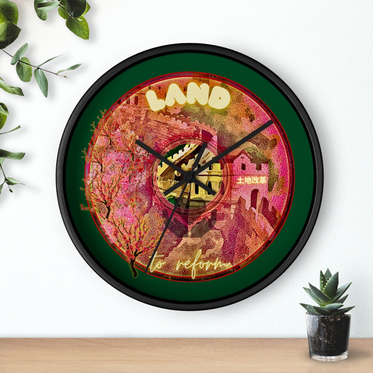 Lumpy Wall Clock - "The Reforming Donut" - magenta/green pic donut w/deep pond green background