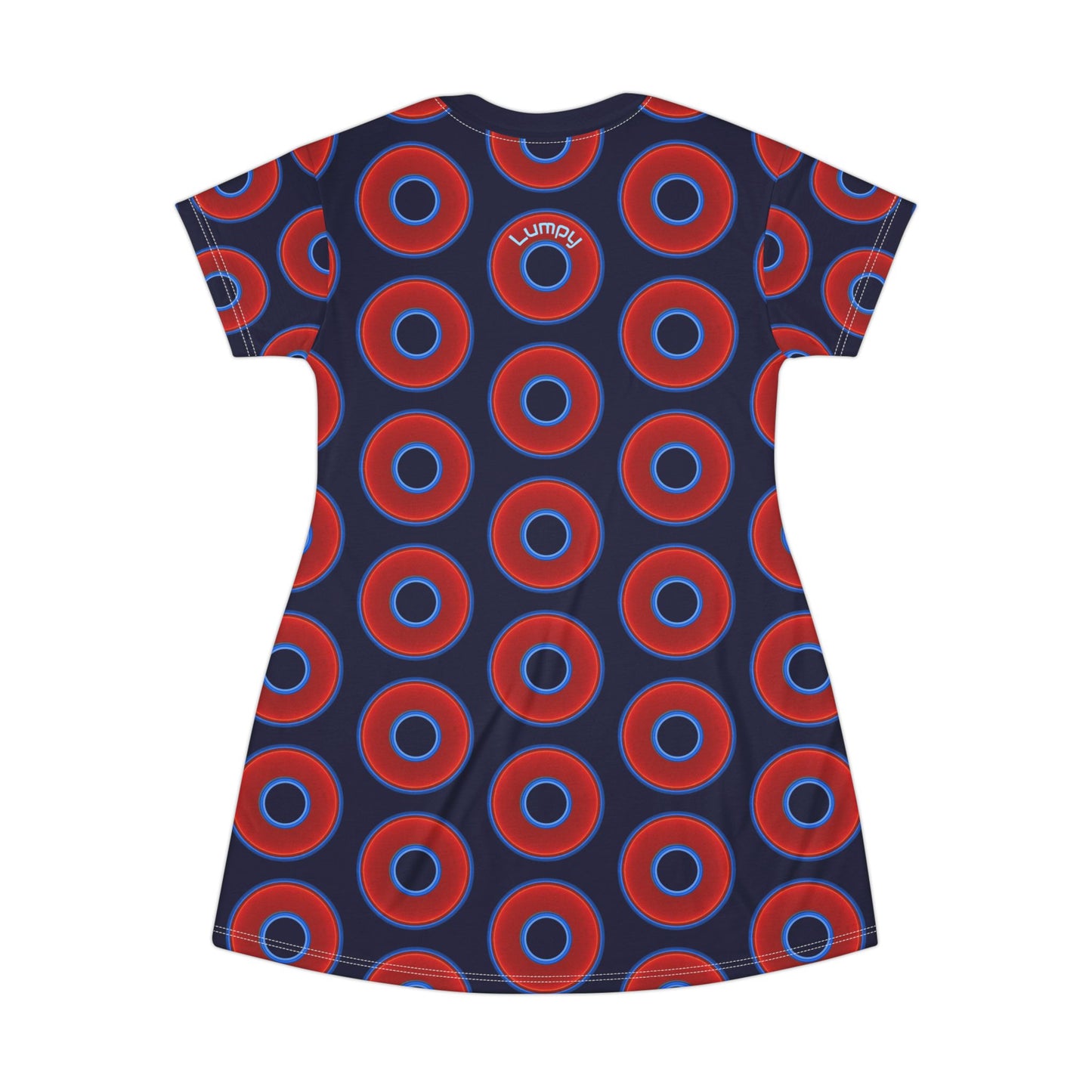 Not a Muumuu AOP Tee Shirt Dress - red vivid donuts w/midnight blue background