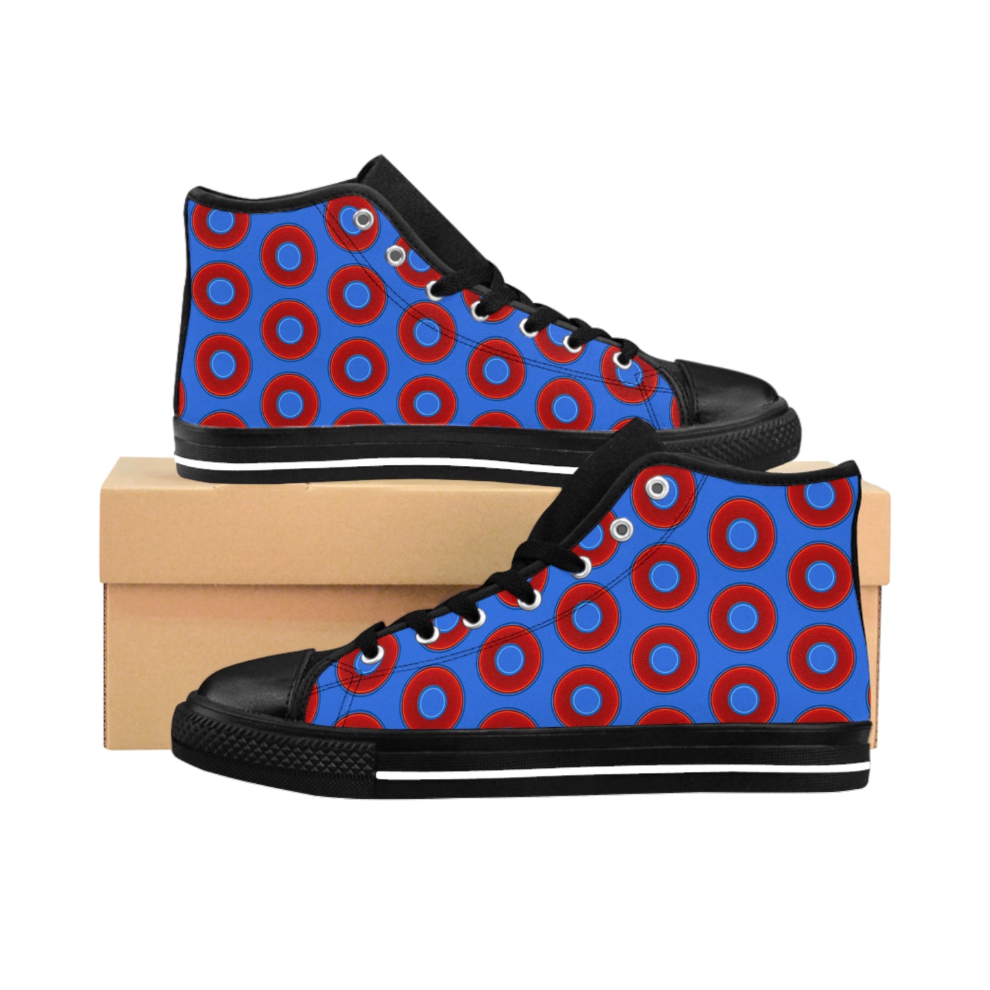 Men's Cushiony Convectors - High Tops - red vivid donuts w/medium royal background