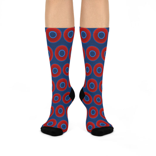 Lumpy Sox - cushioned crew - vivid red donut print w/Atlantic navy blue background