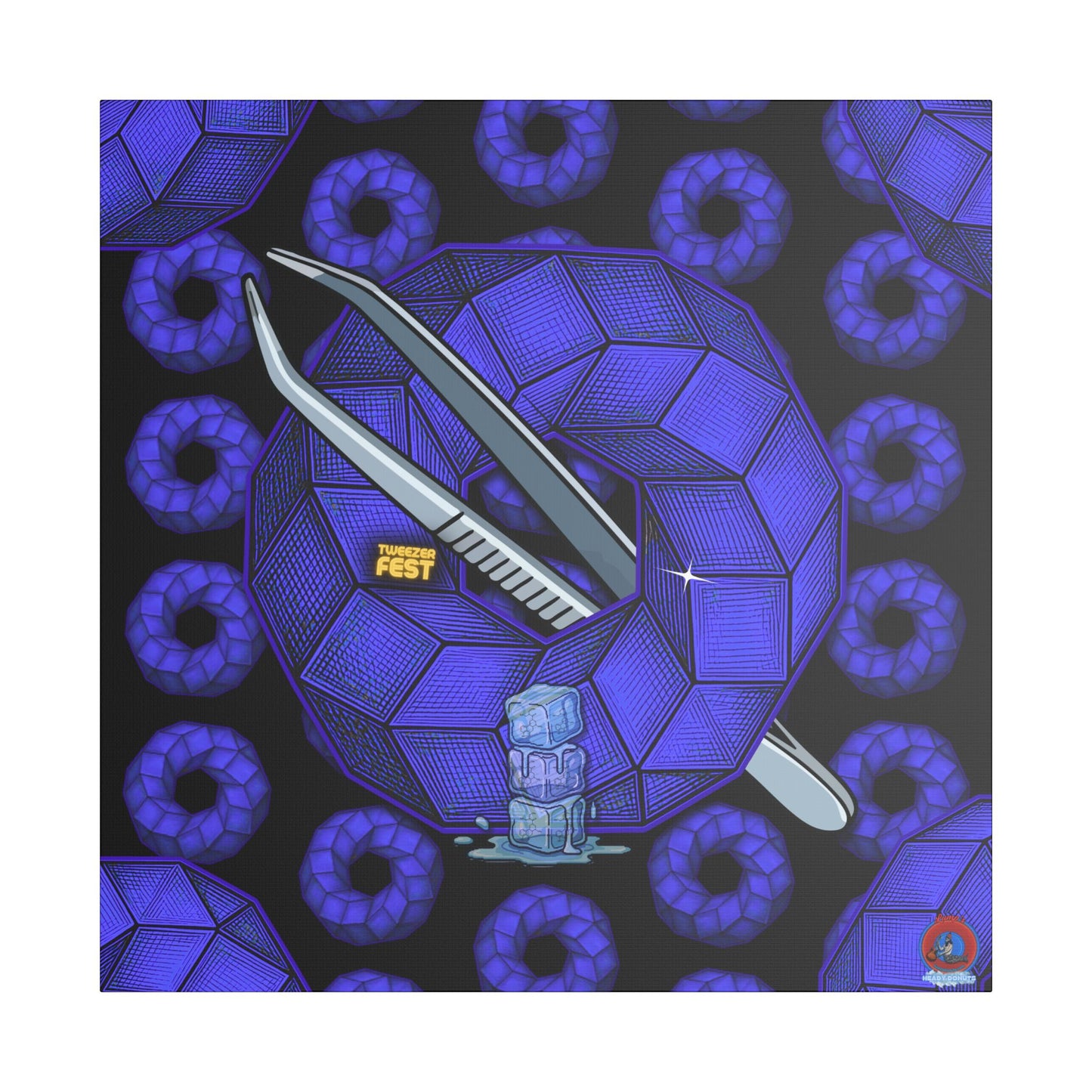 GIANT  Canvas [36" x 36"] - "Uncle Ebenezer's Donut" - blue cubed donuts - w/donut field - variant 1