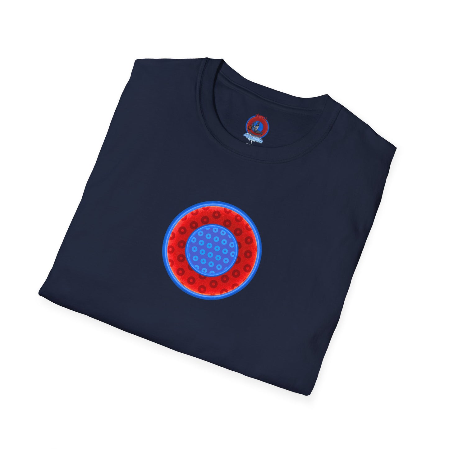 Classic Donut Tee - Unisex Soft-Style - "All You Can Eat Donut Platter" - red/blue paradoxical donuts