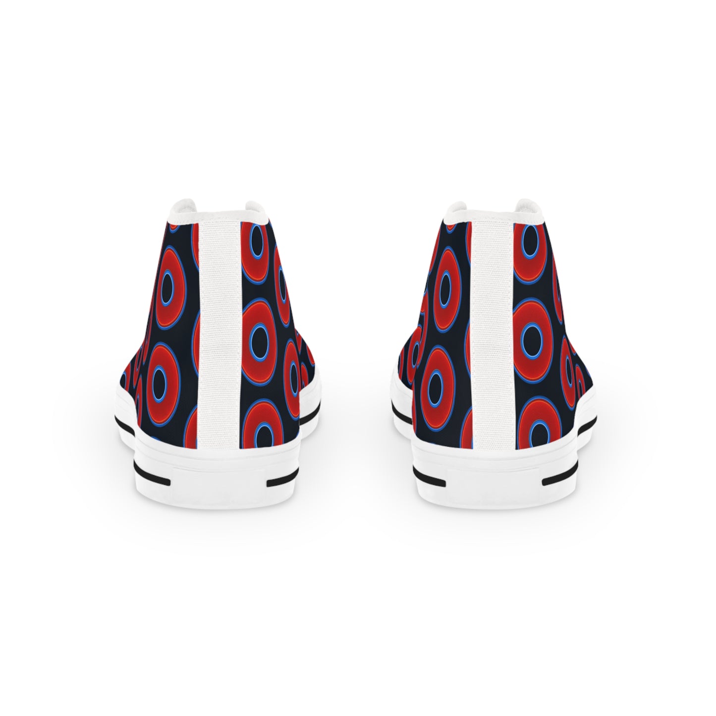 Men's High Top Chucks - large vivid red donut print w/blue charcoal background