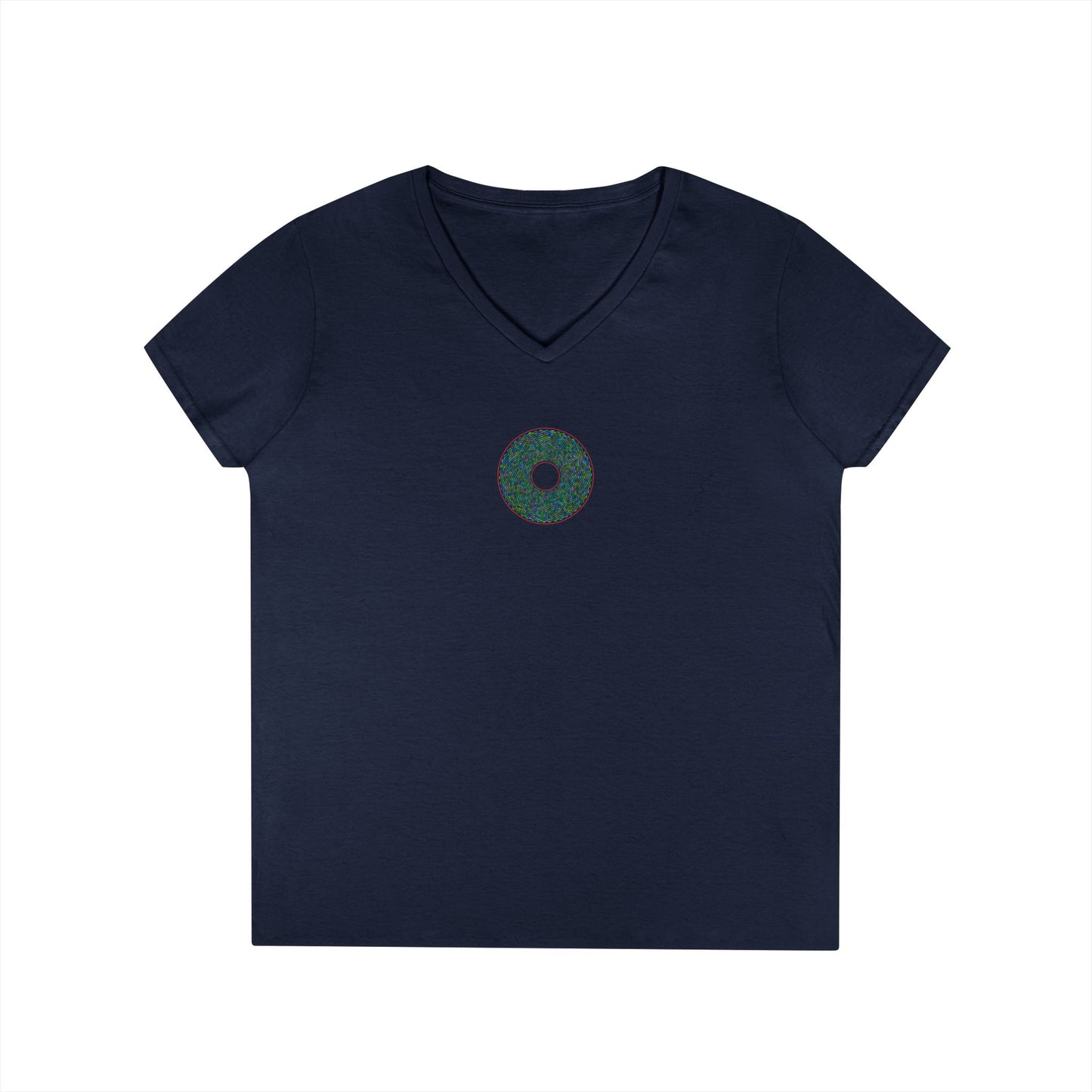 Women's Donut V-Neck Tee - "The Pixilated Donut" - multicolor pixel donut w/wide red outline