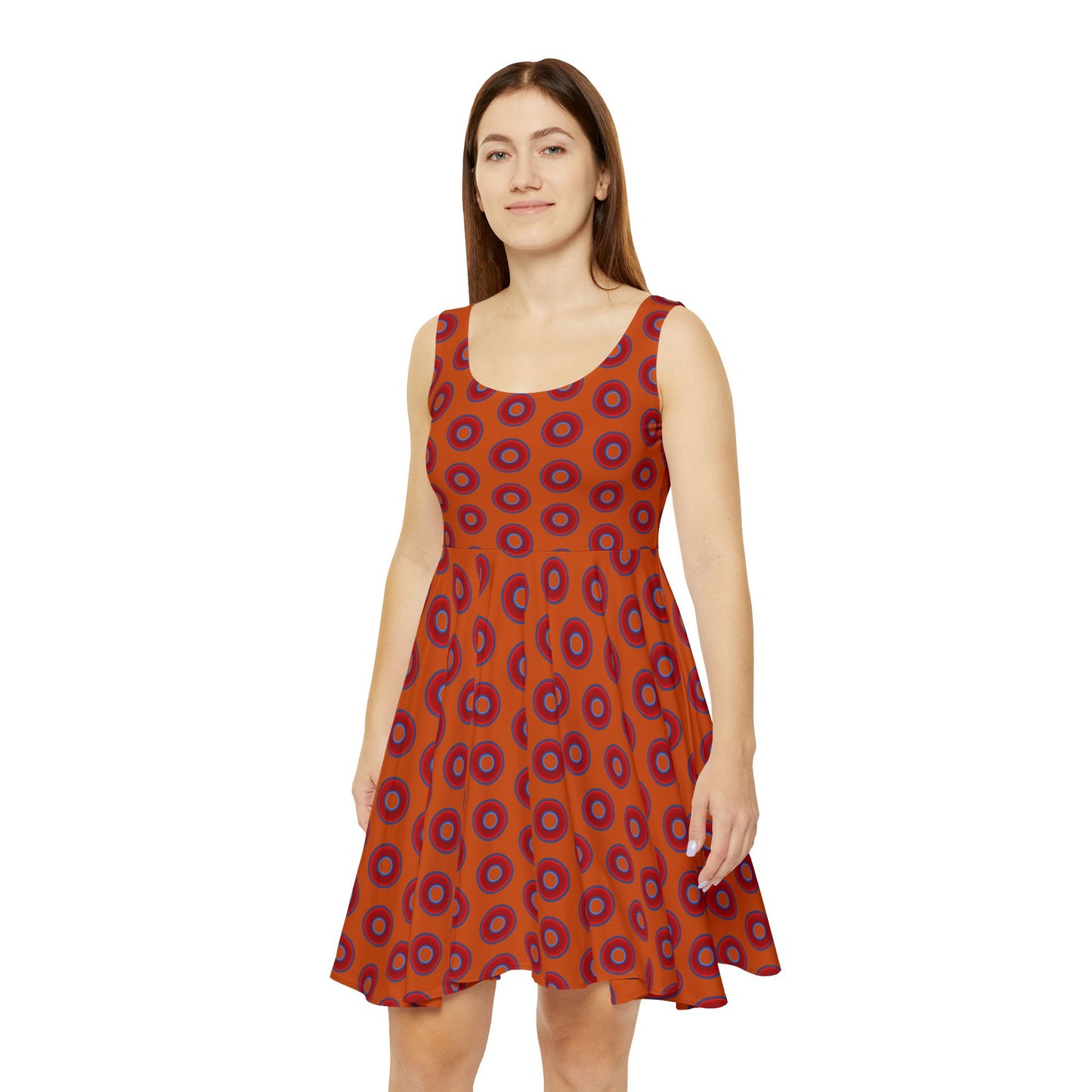 Women's Skater Donut Dress - vivid red donut print w/dark orange background