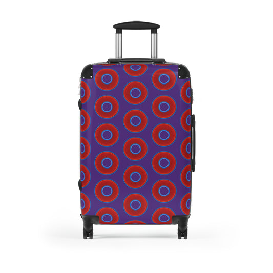 The Very Lumpy Donut Suitcase series - your choice of S, M or L - vivid red donut print w/dark purple background