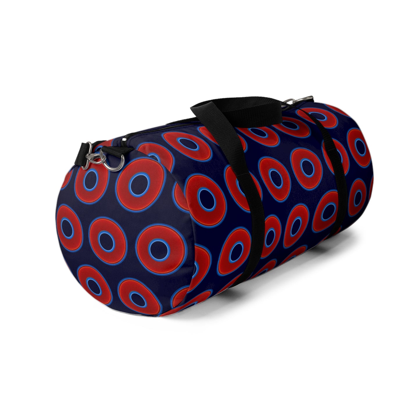 Lumpy Duffel - vivid red donuts w/midnight blue background
