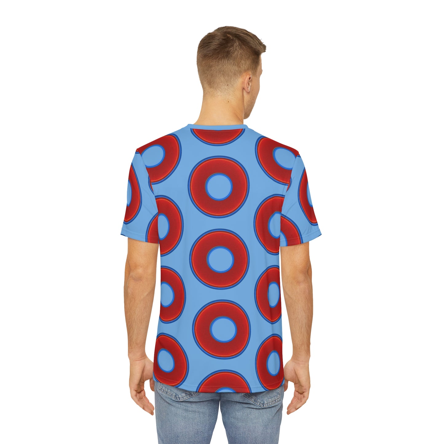 Multi-Beastie Giant Donut AOP Polyester Tee - red vivid donut print w/light blue background