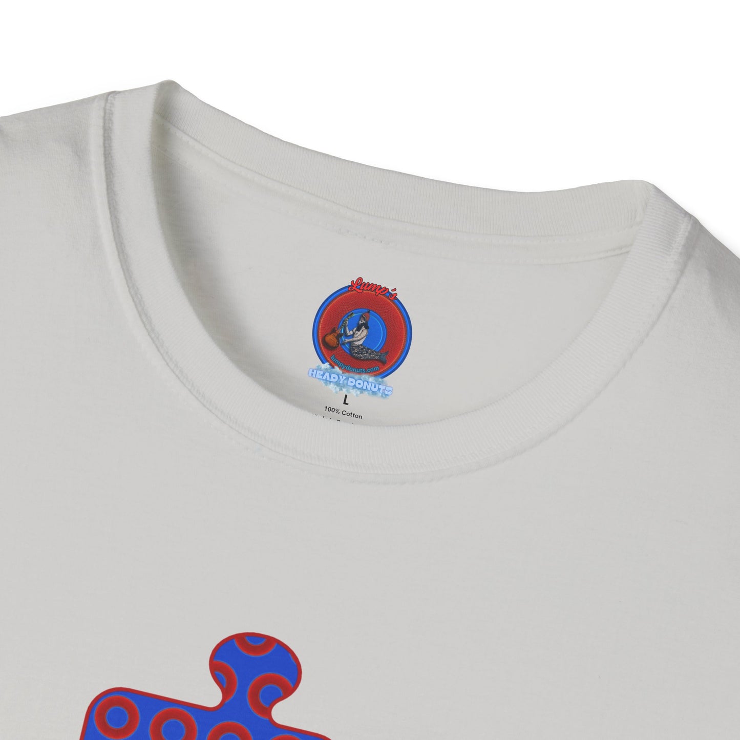 Classic Donut Tee - Unisex Soft-Style - "Trey's Completed Donut Pattern" - vivid red/blue puzzle pattern - variant 2