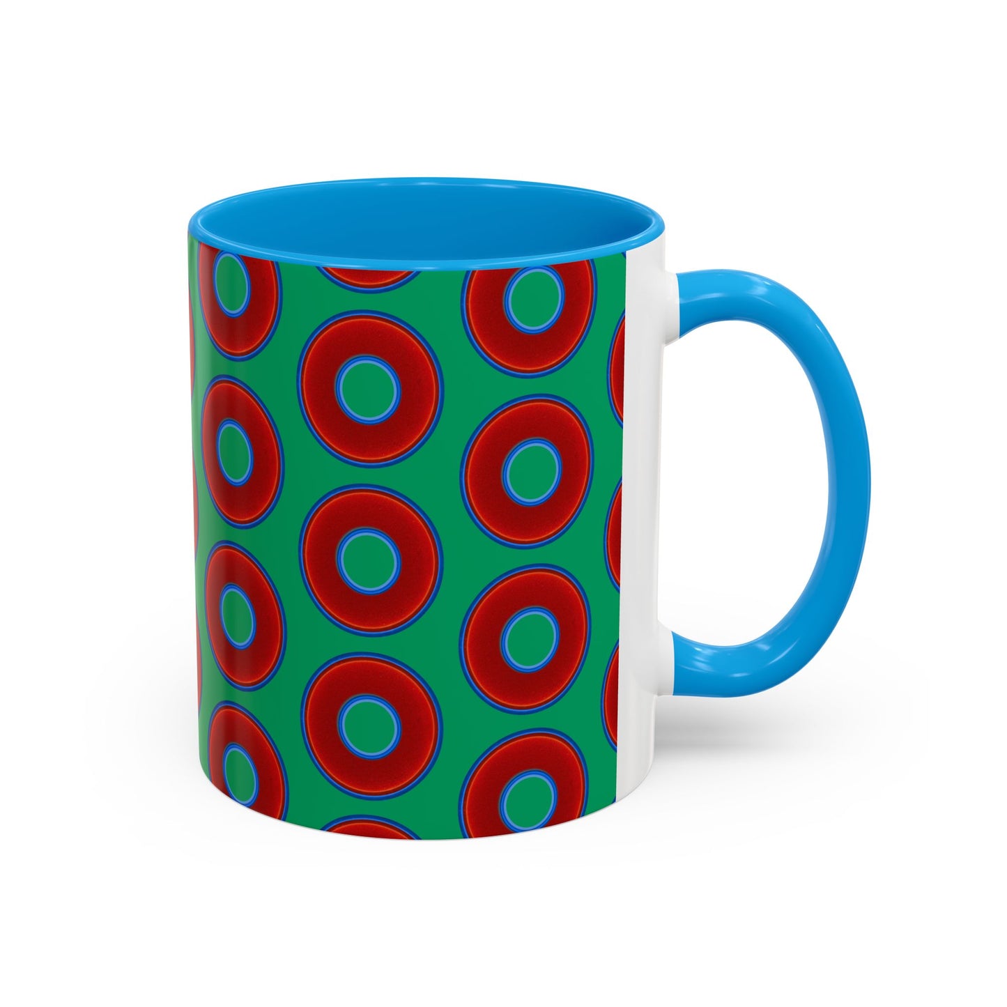 Lump's Grumpy Coffee Mug - vivid red donuts w/jade green background
