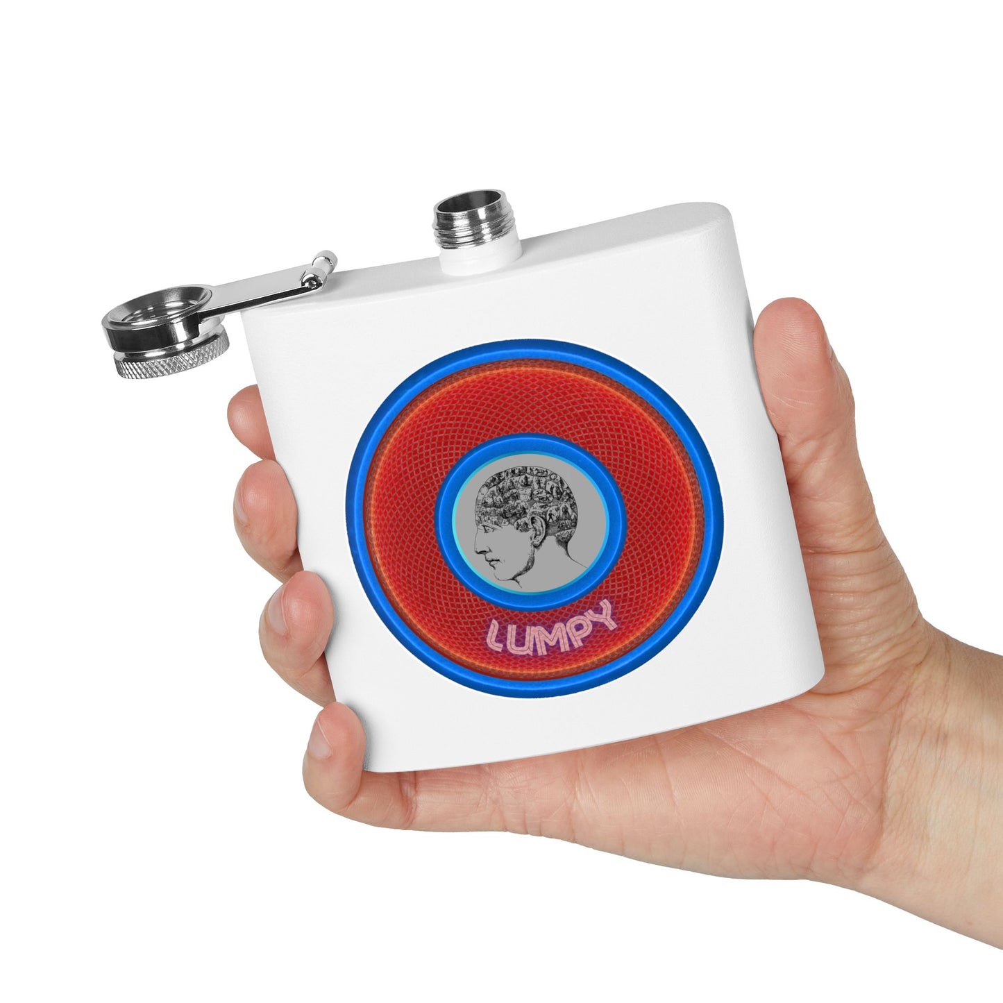 Lump's Donut Flask 6 oz -  "Our Lumpiest Flask" - red/blue rustic donut - [*w/your choice of 6 backgrounds]