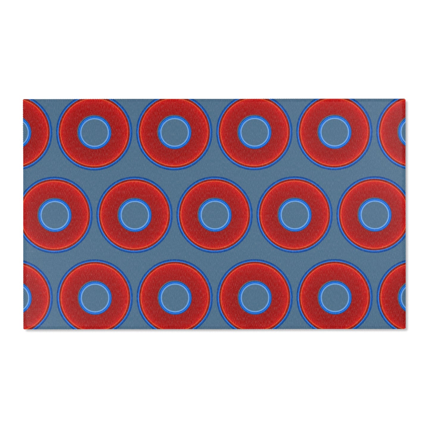 Lumpy Donut Print Rug - choice of 3 sizes - vivid red donut print w/steel blue background
