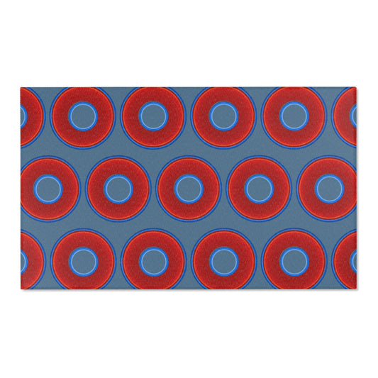 Lumpy Donut Print Rug - choice of 3 sizes - vivid red donut print w/steel blue background