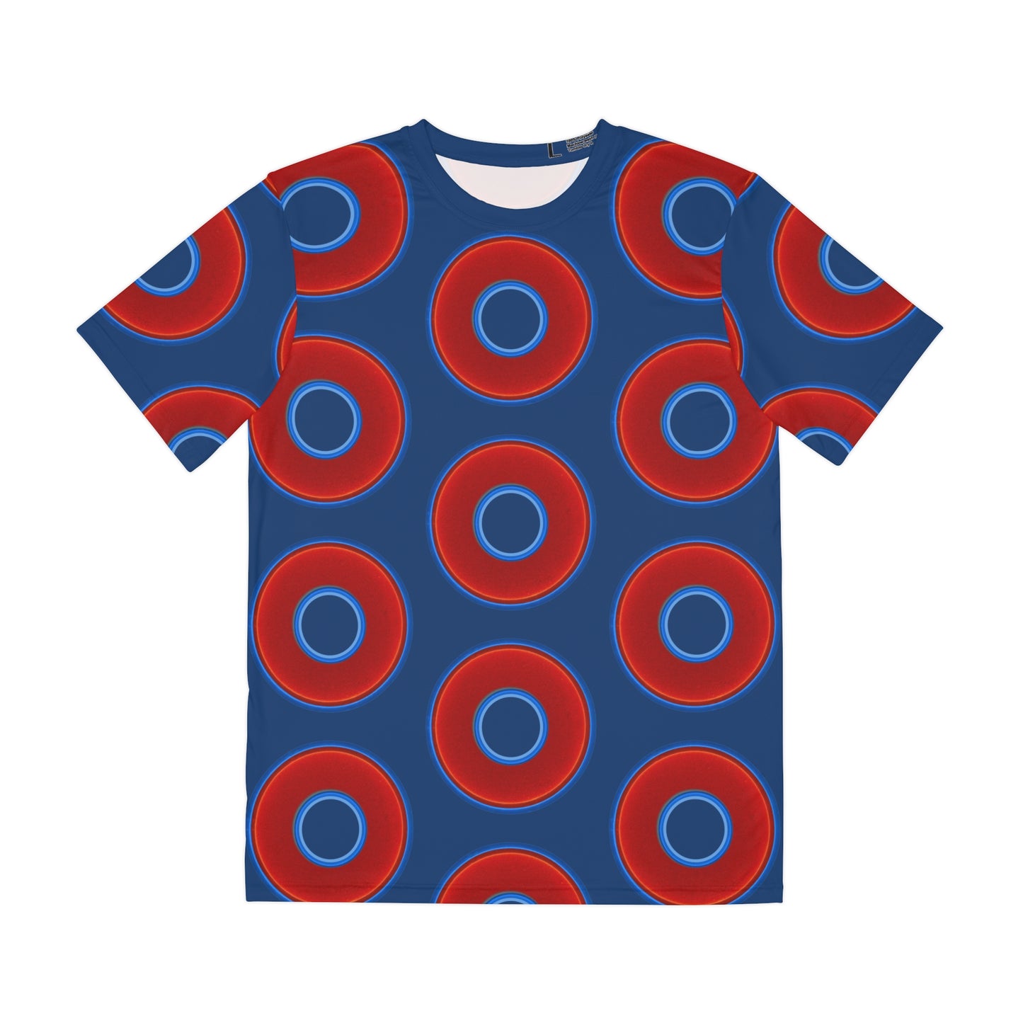 Multi-Beastie Giant Donut AOP Polyester Tee - red vivid donut print w/Atlantic navy blue background
