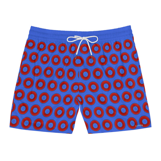 Men's Lumpy Swim Trunks - vivid red donut print w/royal blue background
