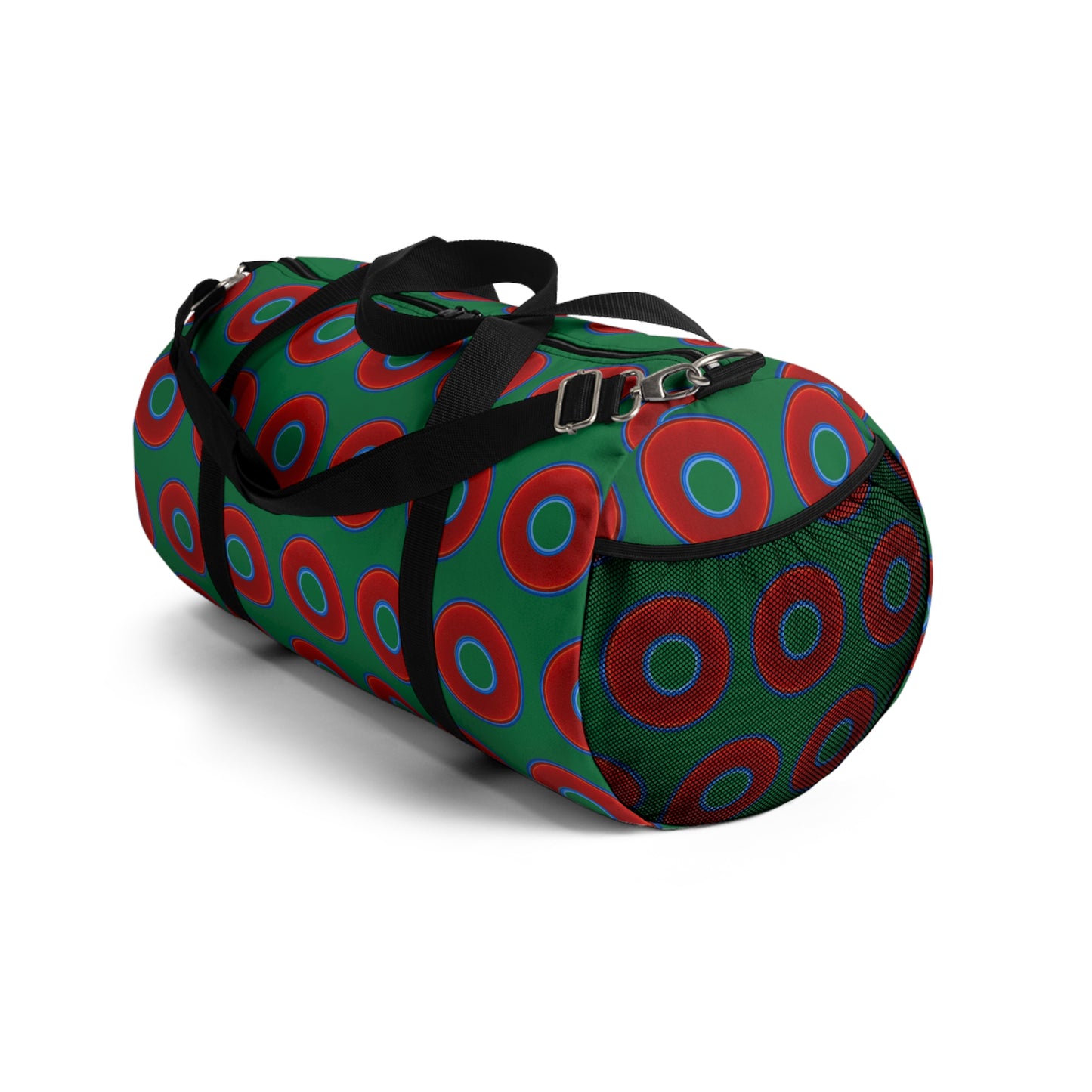 Lumpy Duffel - vivid red donuts w/green background