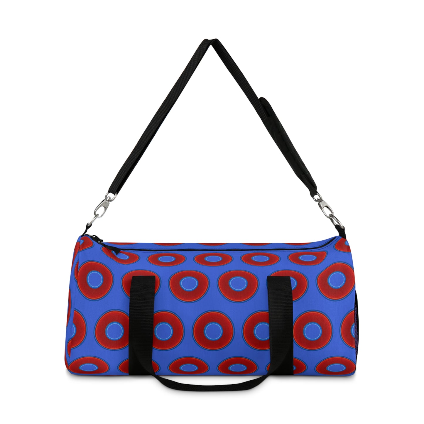 Lumpy Duffel - vivid red donuts w/royal blue background
