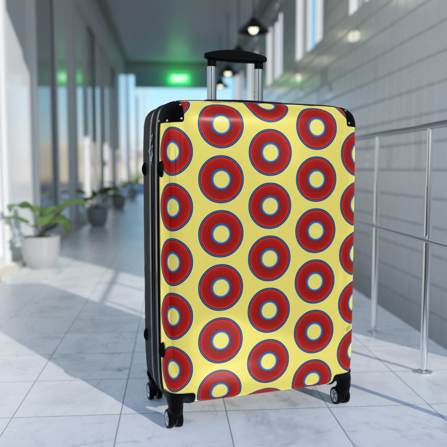 The Very Lumpy Donut Suitcase series - your choice of S, M or L - vivid red donut print w/yellow background