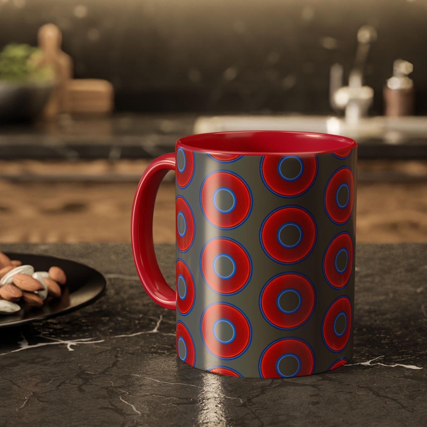 Lump's Grumpy Coffee Mug - vivid red donuts w/dark gray background