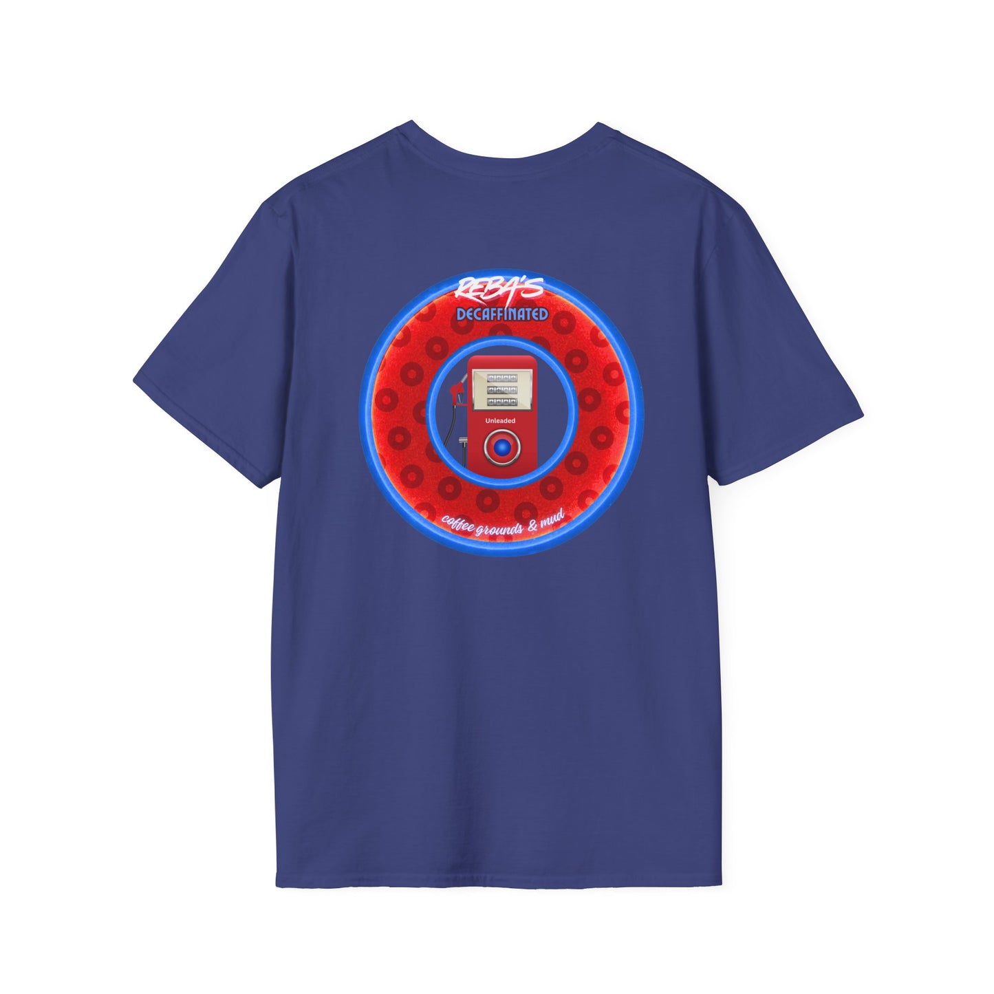 Coffee Traders Tee - Unisex Soft-Style - "Reba's Decaf: Coffee Grounds & Mud " - paradoxical donut - variant 2 - logo front/Reba back