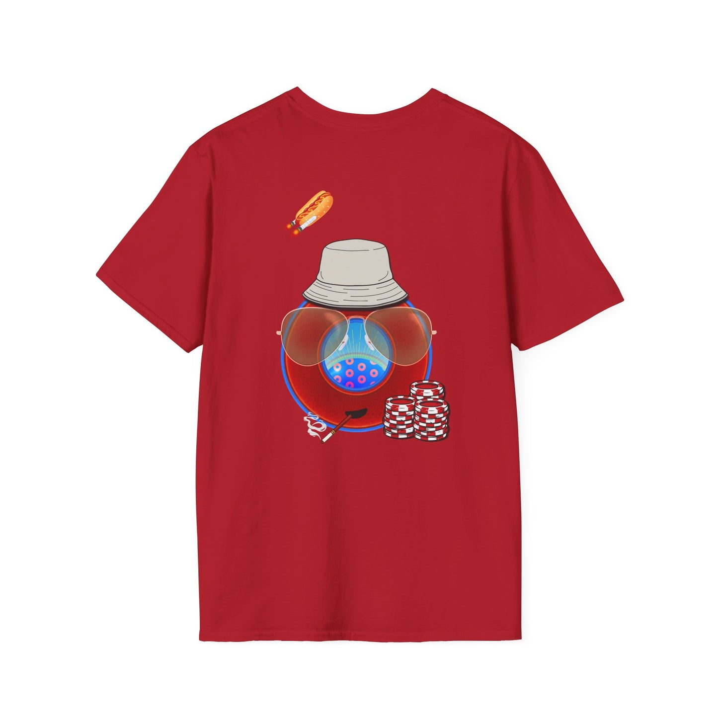 Classic Donut Tee - Unisex Soft-Style - "Gonzo Donut - Fear & Loathing in Gamehendge" -  vivid red donut w/raw dogger - variant 6