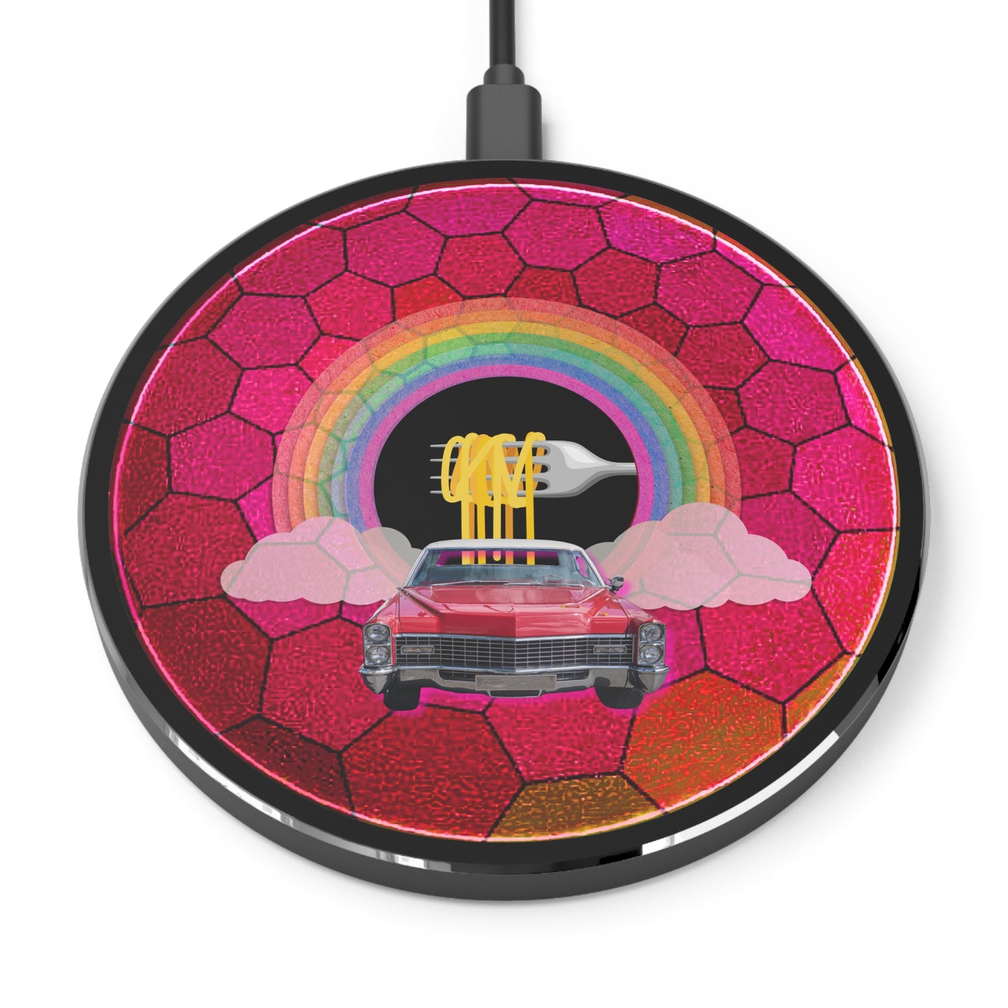 The Flow - Wireless Lumpy Donut Chargers - "Wireless Spaghetti Incident in my Caddy" - magenta hexadonut w/black background - variant 1