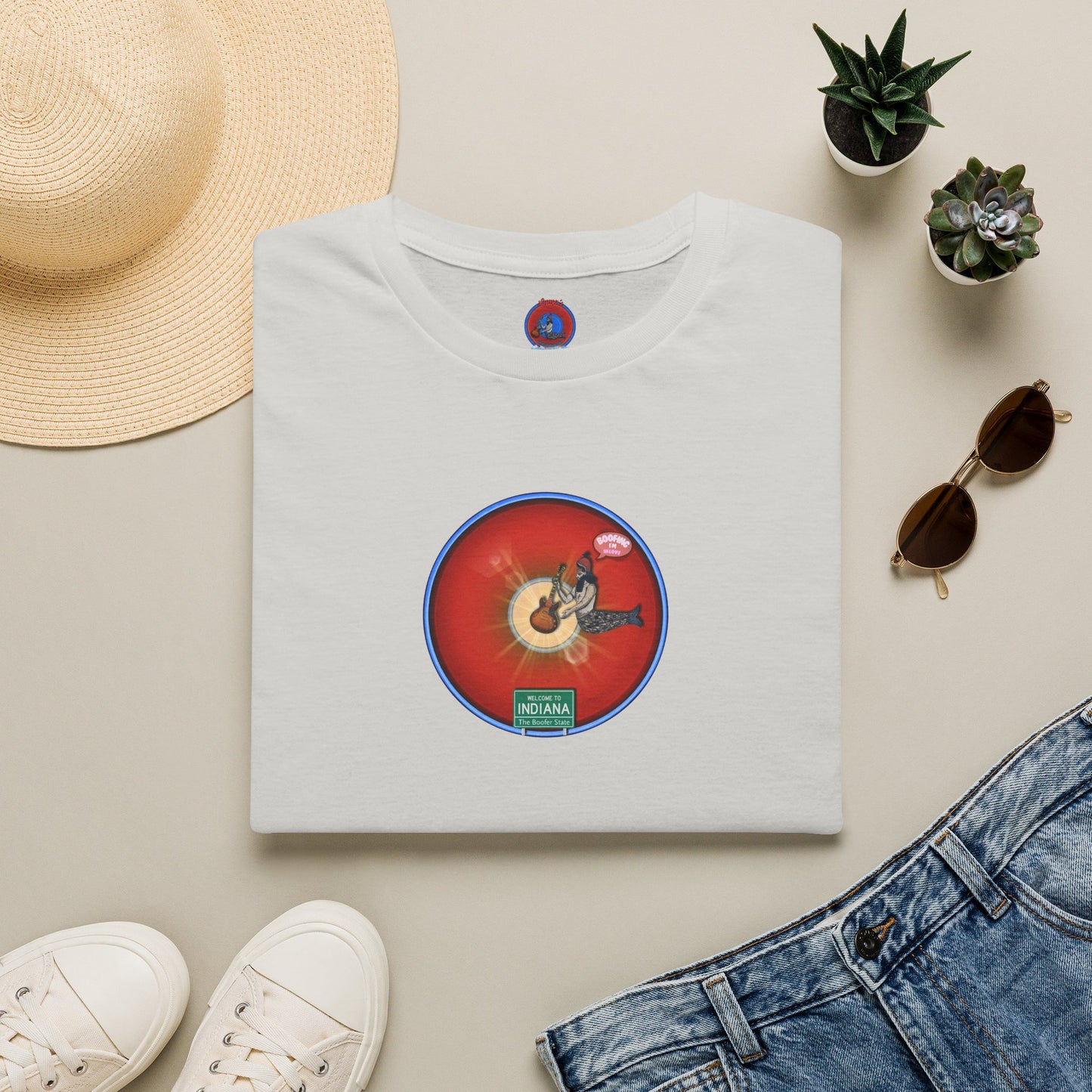 Classic Donut Tee - Unisex Soft-Style - "Indiana is for Boofers" - vivid red/blue plumpy donut - variant 2 - w/sun drop