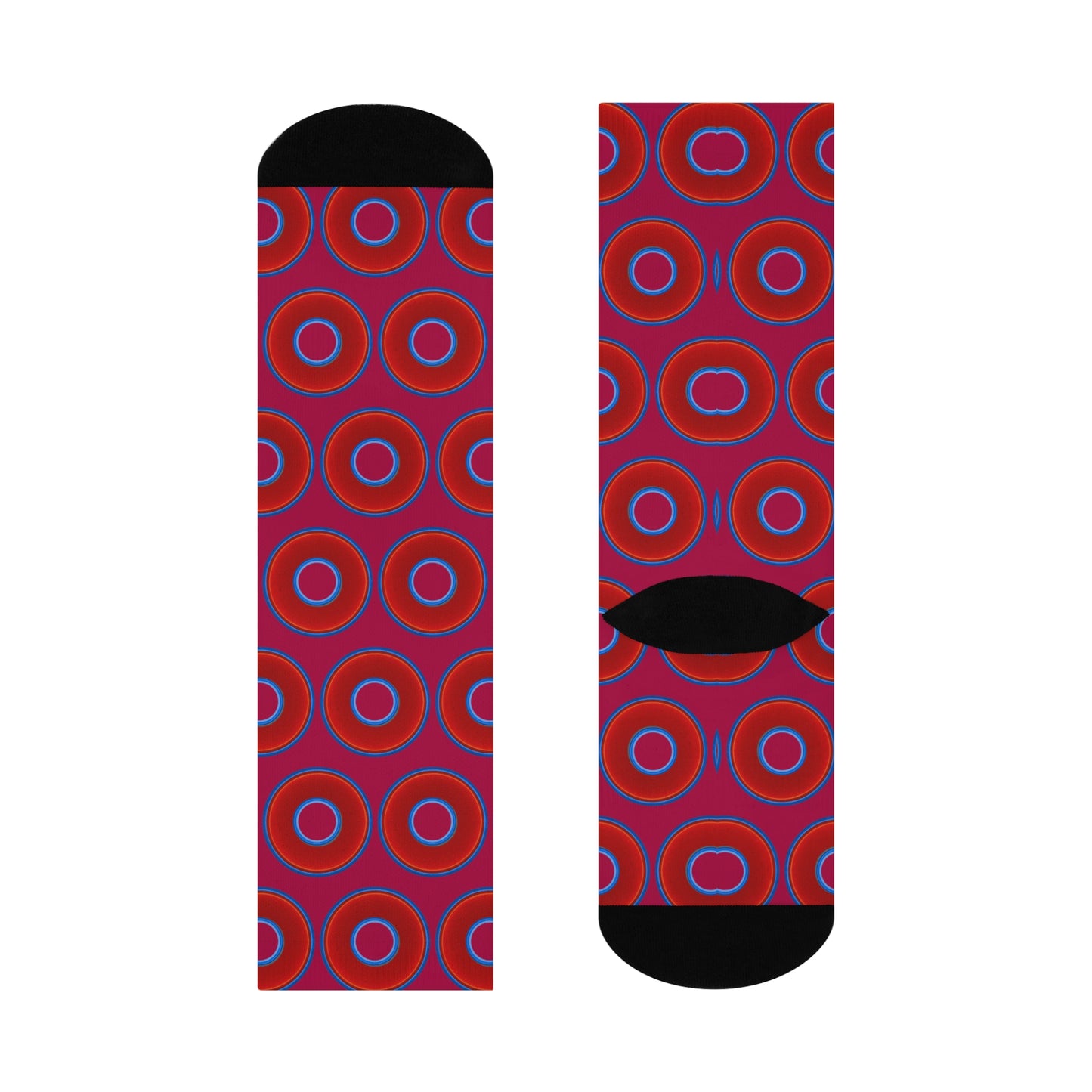Lumpy Sox - cushioned crew - vivid red donut print w/dark magenta background