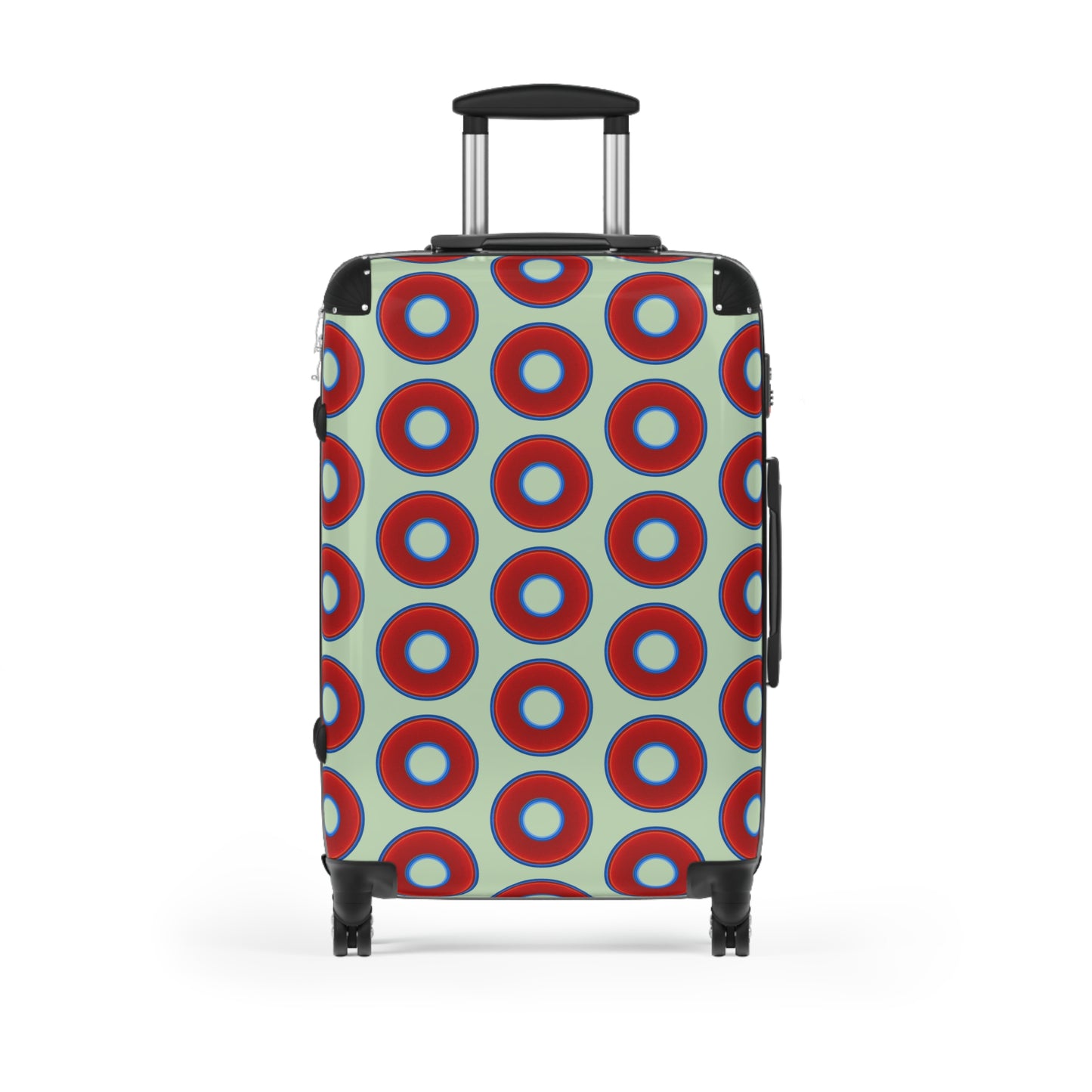 The Very Lumpy Donut Suitcase series - your choice of S, M or L - vivid red donut print w/seafoam background