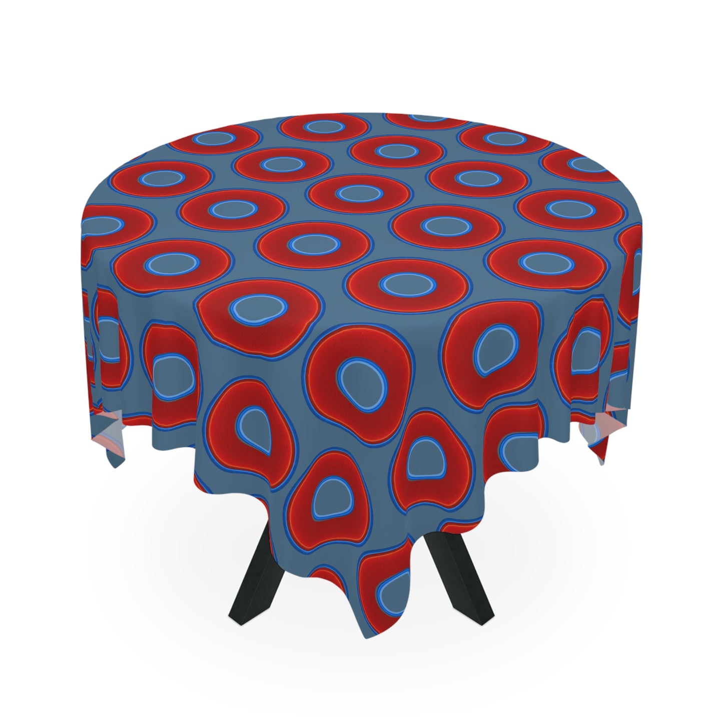 Lumpy Tablecloth - 55.1" x 55.1" - vivid red donuts w/steel blue background