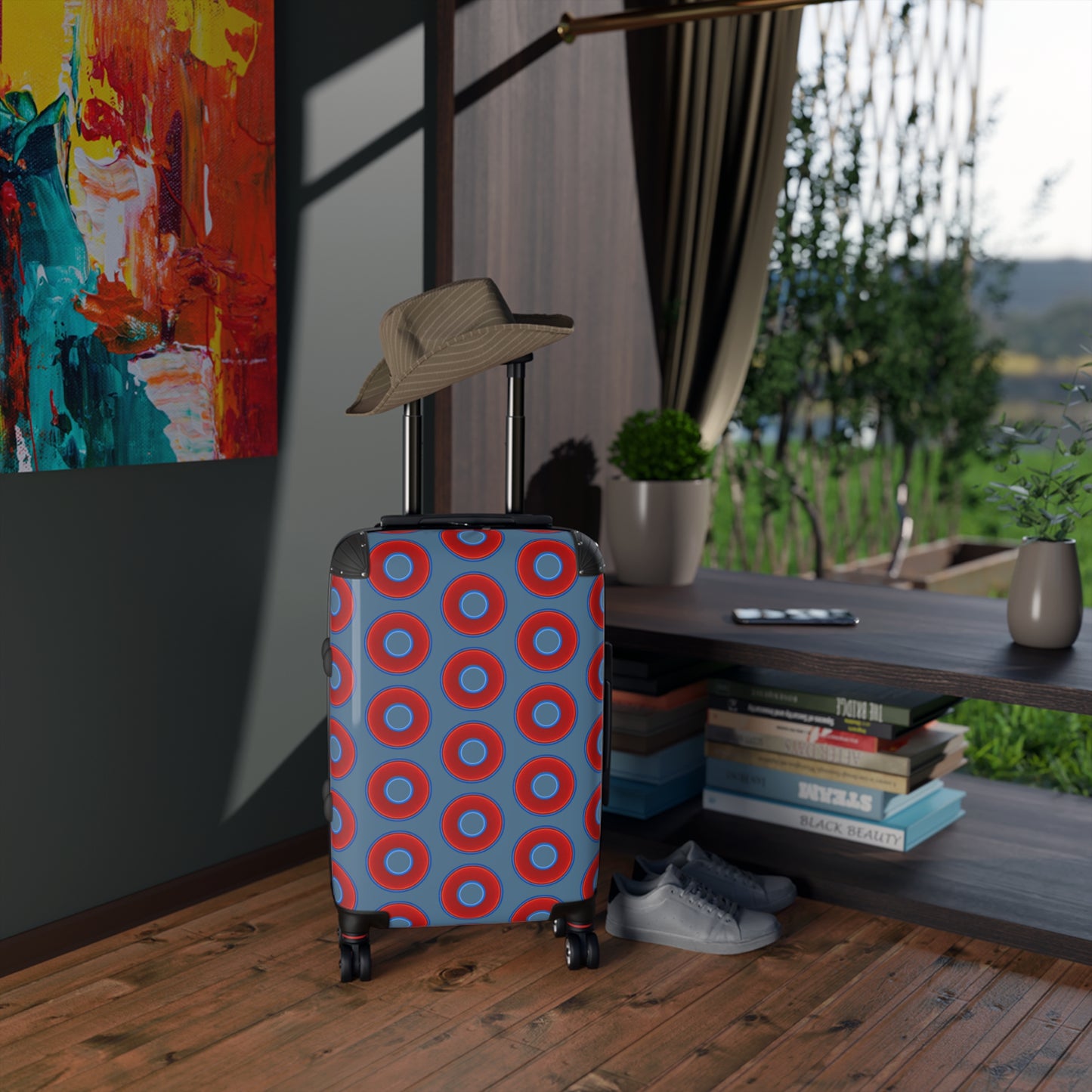 The Very Lumpy Donut Suitcase series - your choice of S, M or L - vivid red donut print w/steel blue background