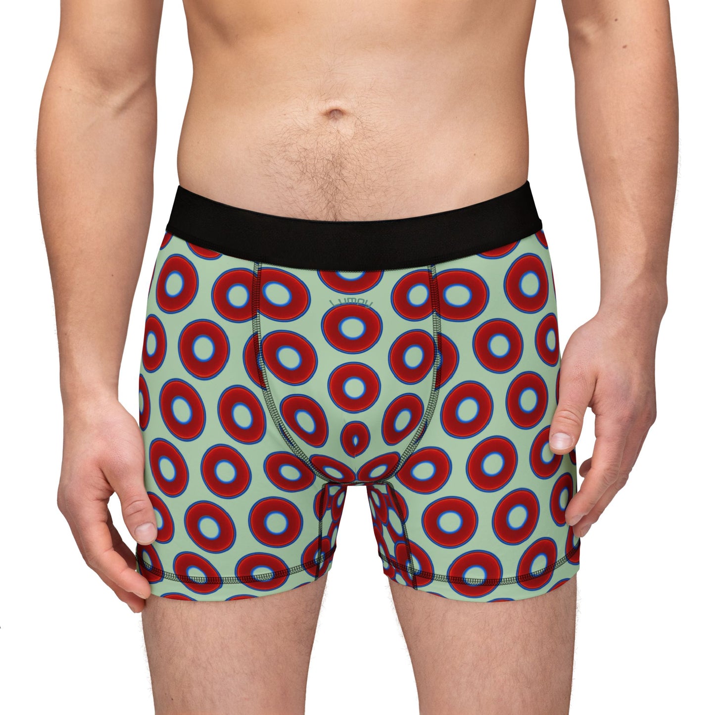 Men's Donut Boxers - red vivid donuts w/seafoam background