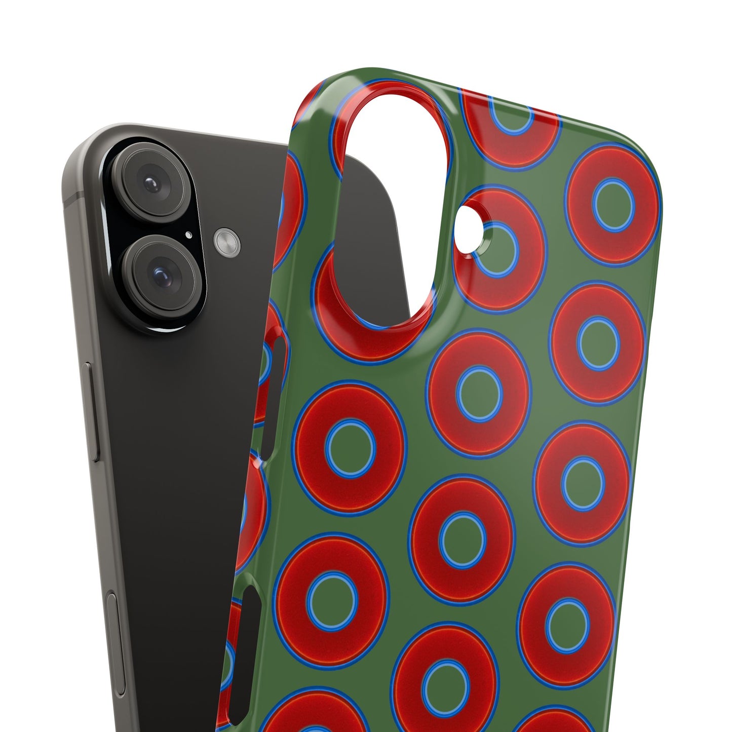 Lumpy Donut Snap Case - red vivid donut print w/dark green background