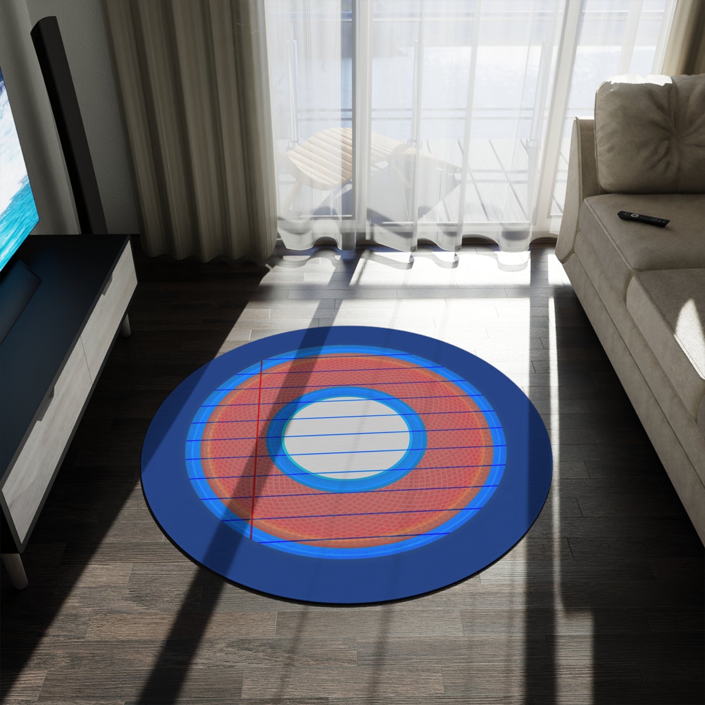 Round Room - 5 ft x 5 ft Lumpy Donut Rug - "Tasty Donut Carpet" - rustic red/blue lined donut w/dark blue background - variant 2