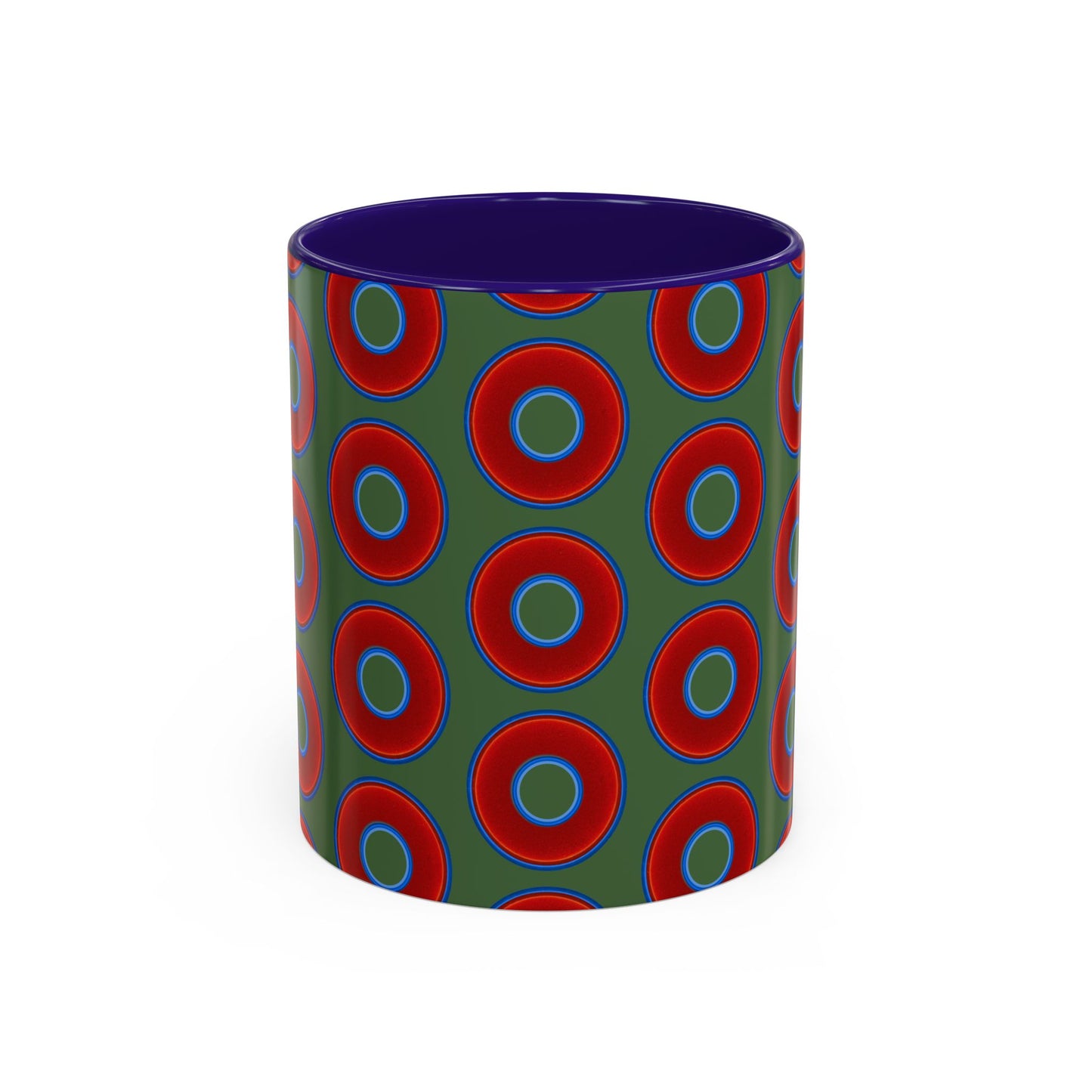 Lump's Grumpy Coffee Mug - vivid red donuts w/dark green background