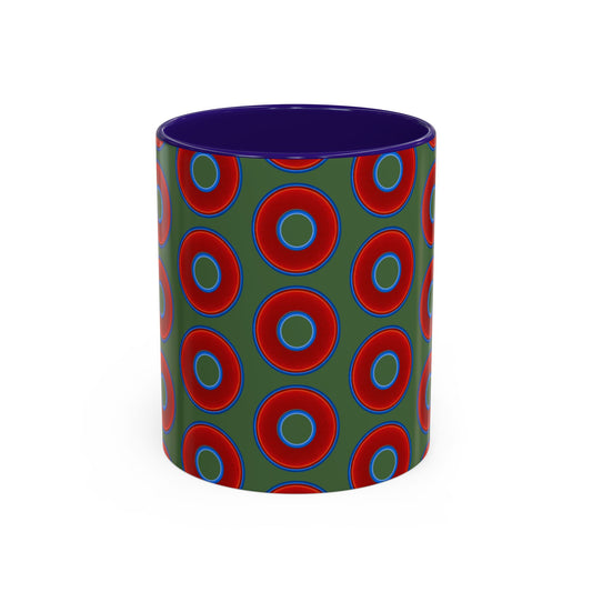 Lump's Grumpy Coffee Mug - vivid red donuts w/dark green background