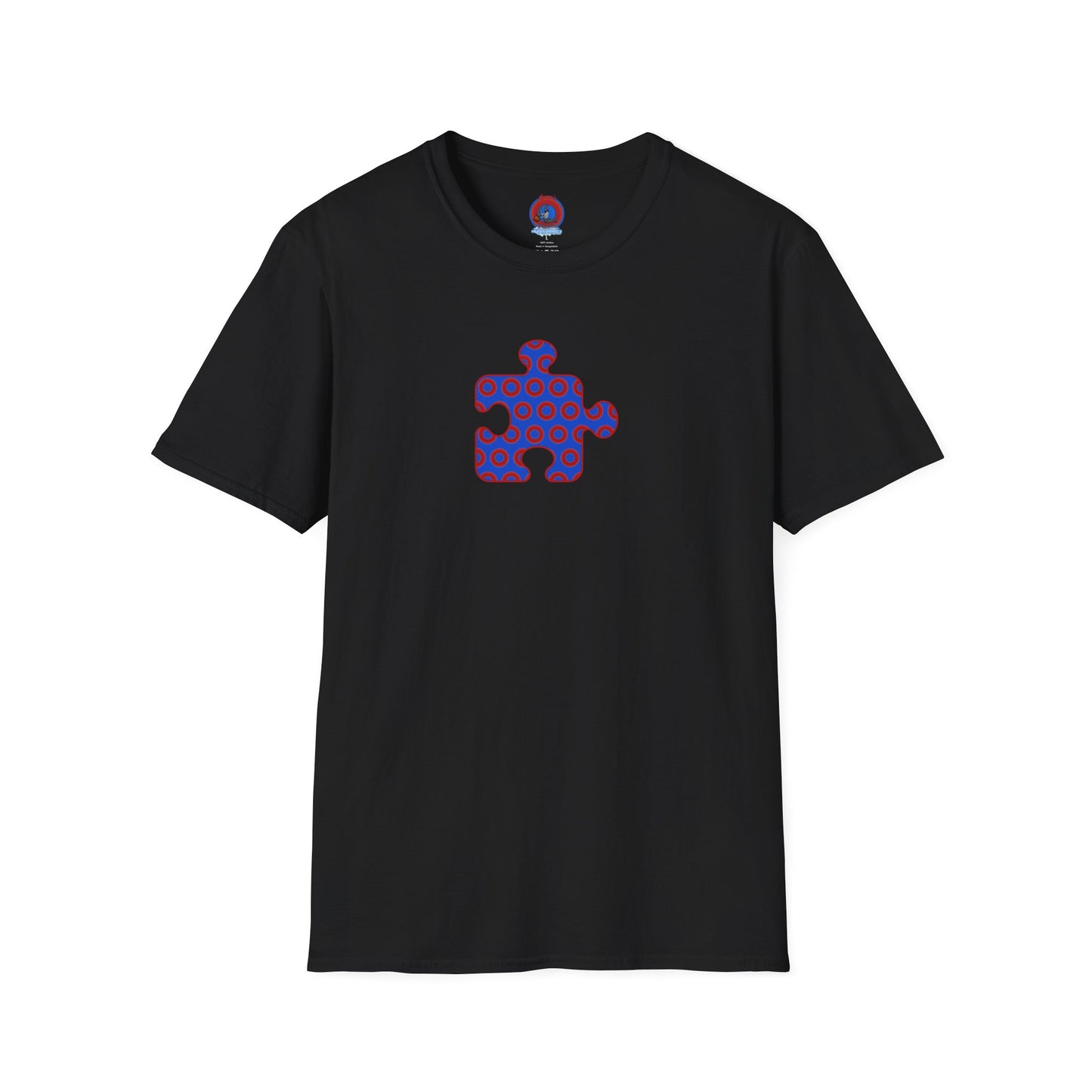 Classic Donut Tee - Unisex Soft-Style - "Trey's Completed Donut Pattern" - vivid red/blue puzzle pattern - variant 2