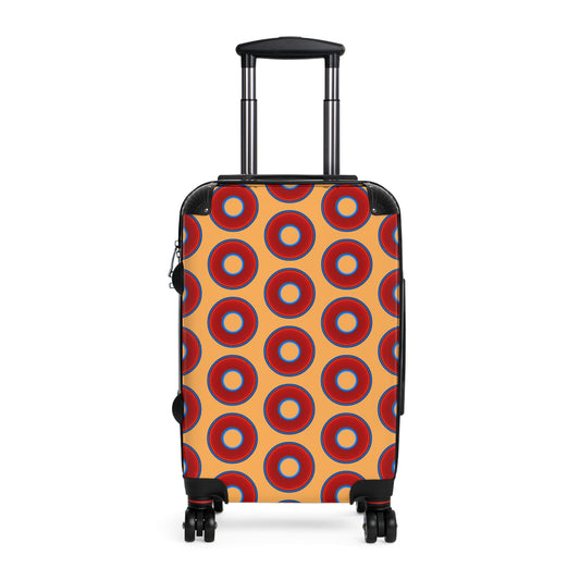 The Very Lumpy Donut Suitcase series - your choice of S, M or L - vivid red donut print w/creamcicle orange background