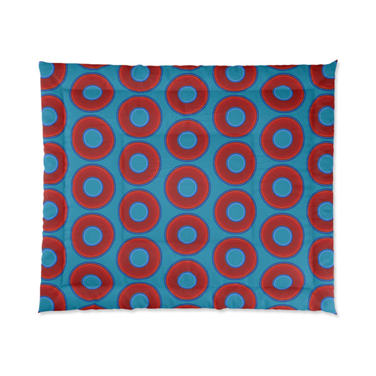 The Very Lumpy Comforter - vivid red donuts w/aquamarine blue background