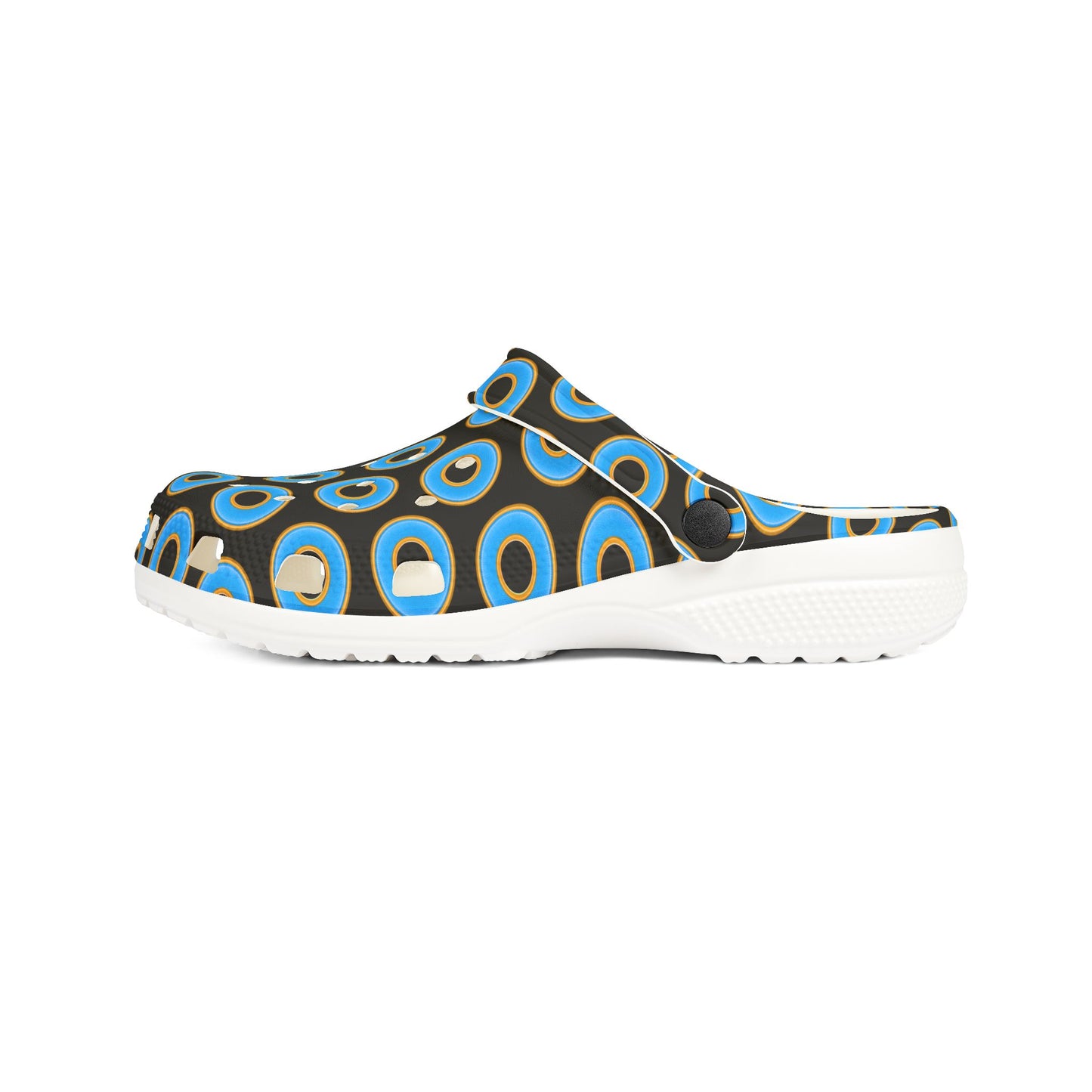 Spatchcocks - donut slip-on shoes - light blue rustic donuts w/black background [unisex]