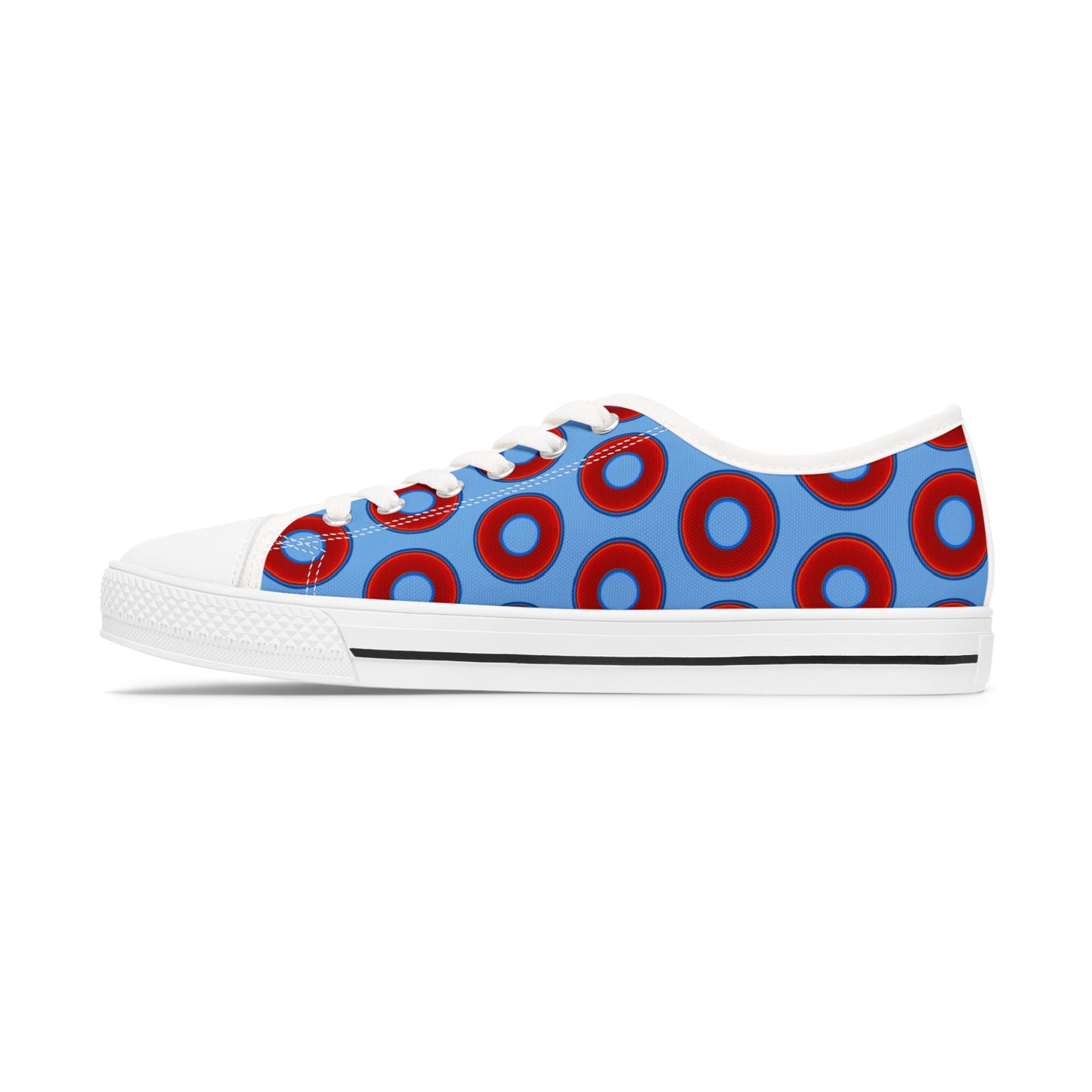 Women's - Low Top Chuck Taylors - large vivid red donut print w/light blue background