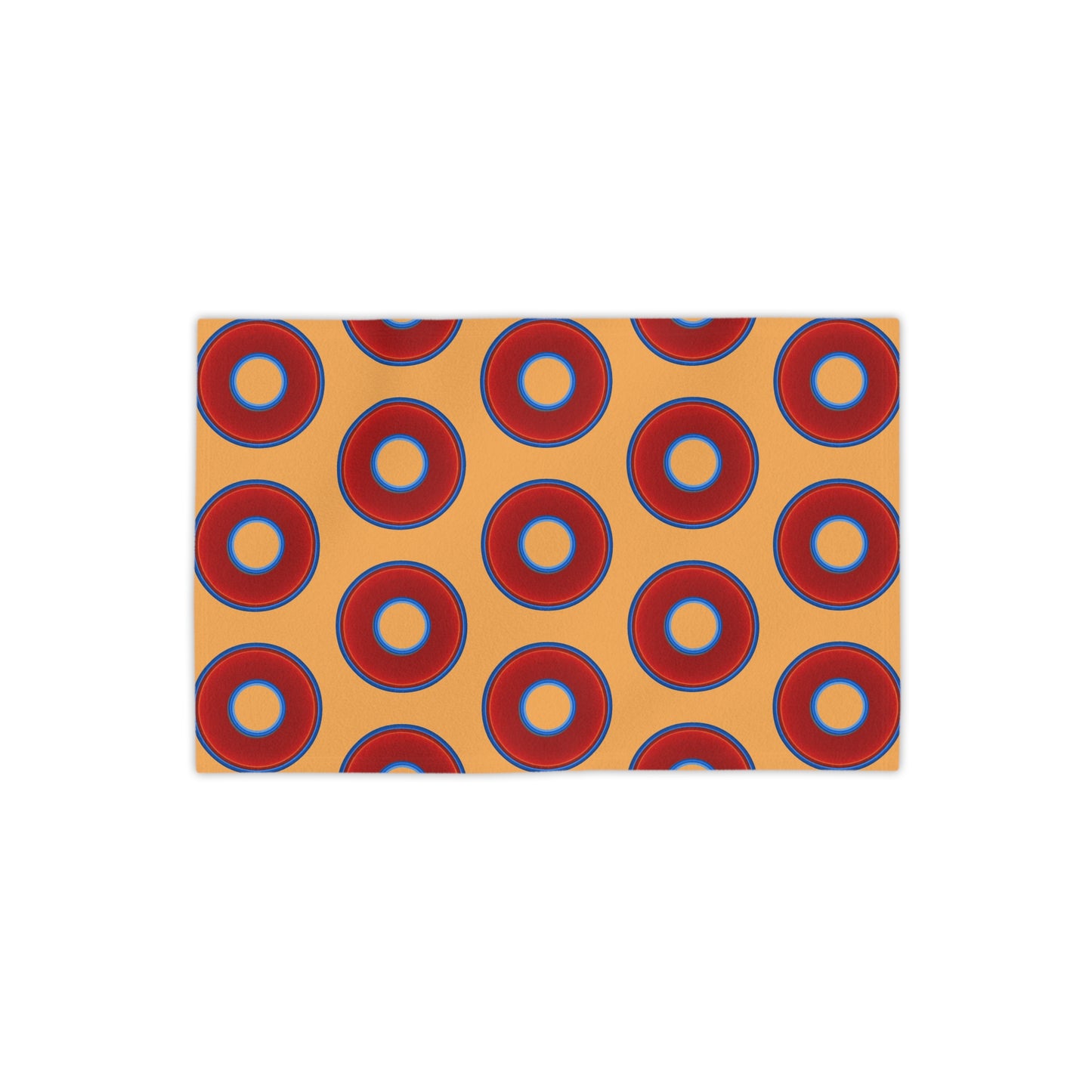 Lumpy Donut Towels - vivid red donuts w/creamsicle orange background