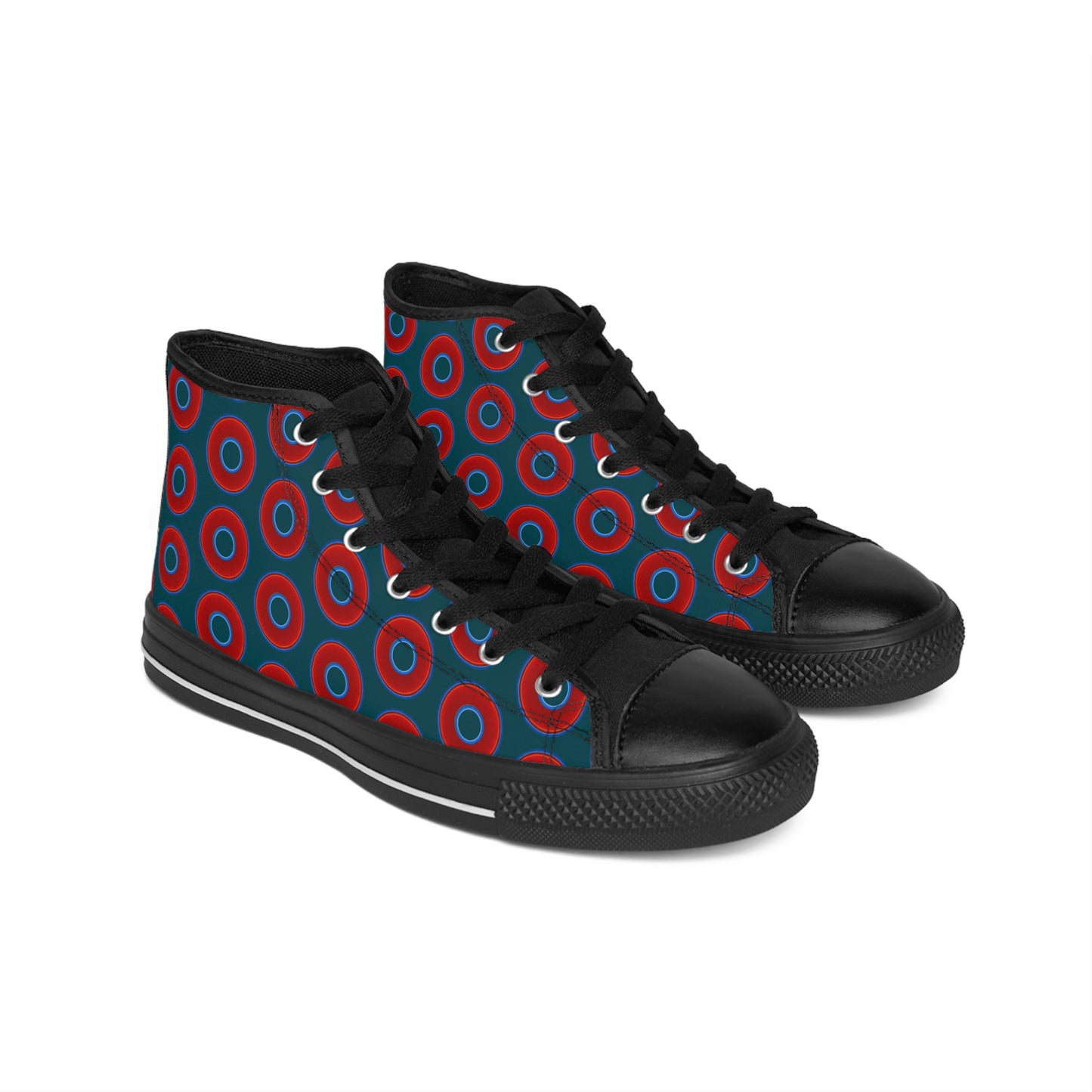 Cushiony Convectors - High Tops - red vivid donuts w/midnight teal green background