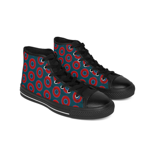 Cushiony Convectors - High Tops - red vivid donuts w/midnight teal green background