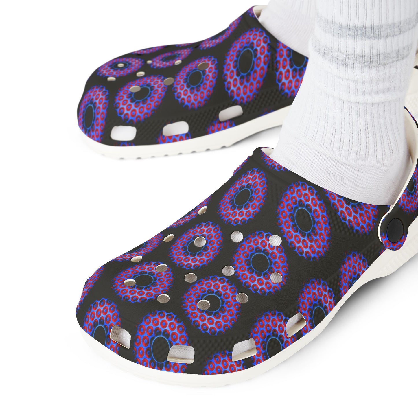 Spatchcocks - donut slip-on shoes - paradoxical red bling donuts w/black background [unisex]