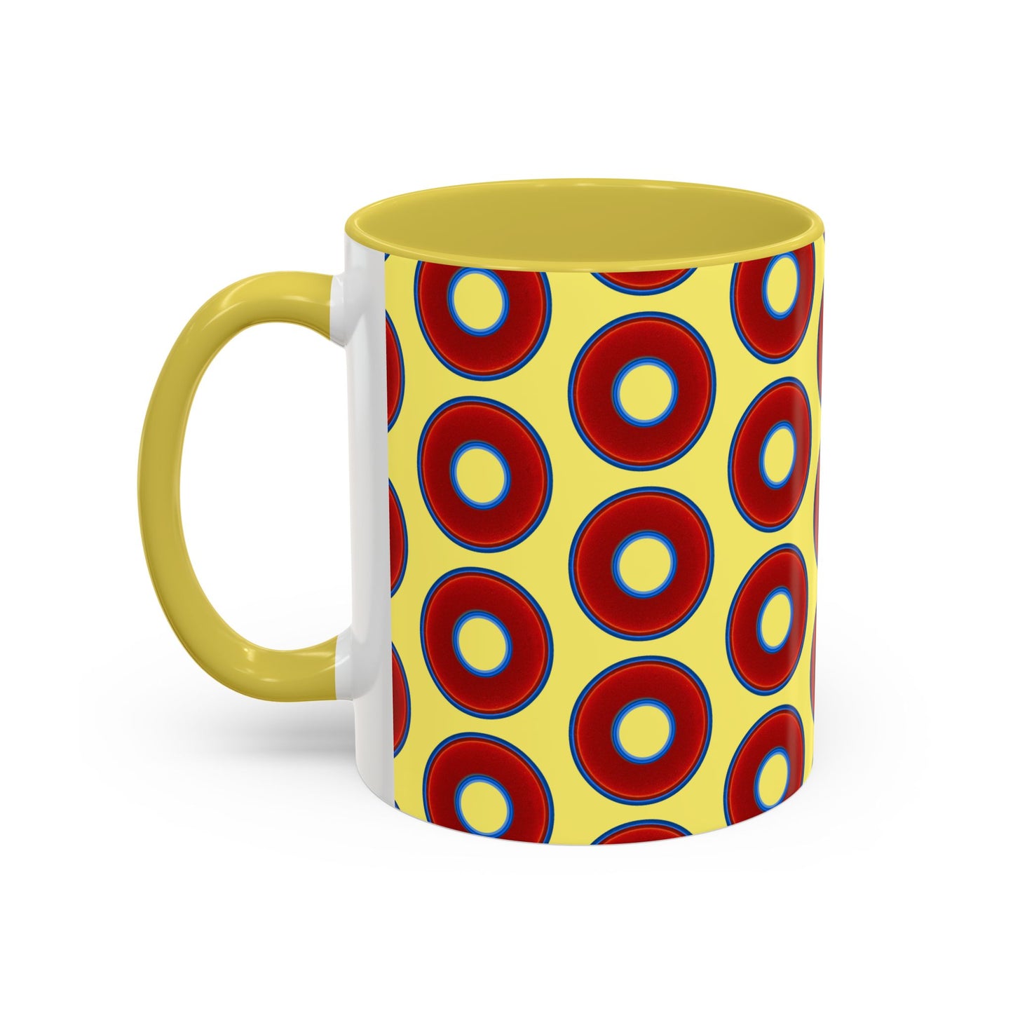 Lump's Grumpy Coffee Mug - vivid red donuts w/yellow background