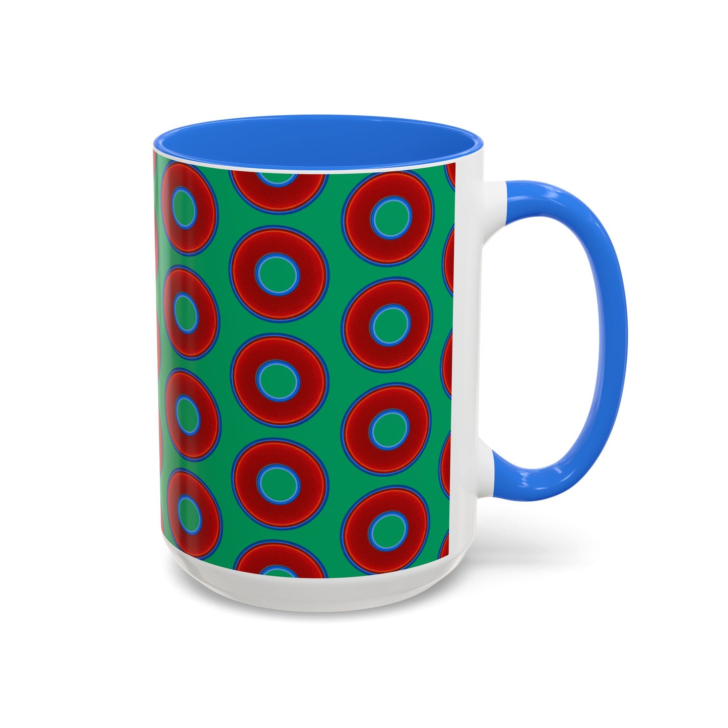 Lump's Grumpy Coffee Mug - vivid red donuts w/jade green background