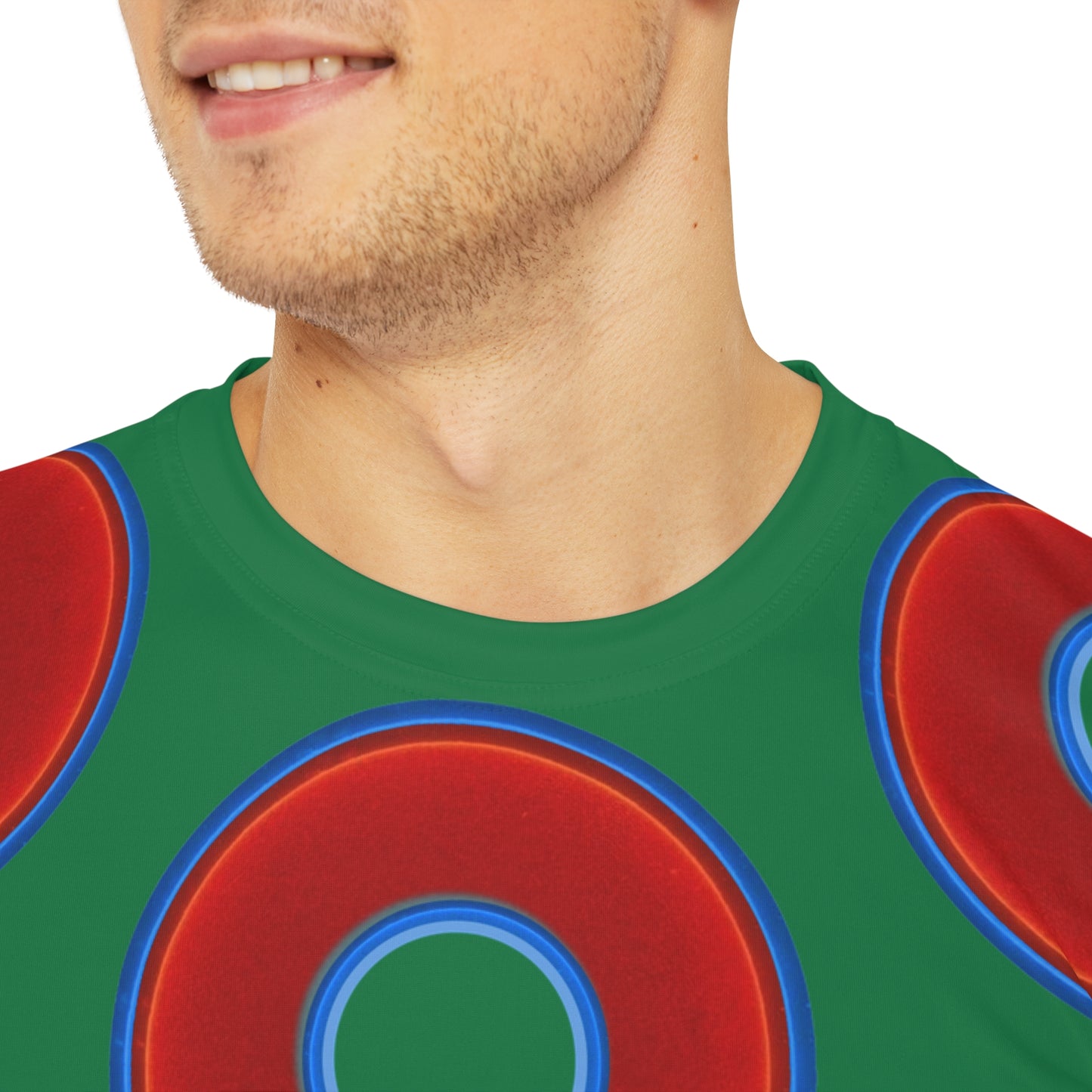 Multi-Beastie Giant Donut AOP Polyester Tee - red vivid donut print w/green background